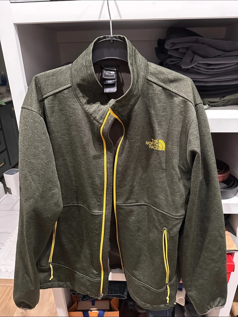 The North Face Men's Olive Green Performance Jacket with Yellow Trim
